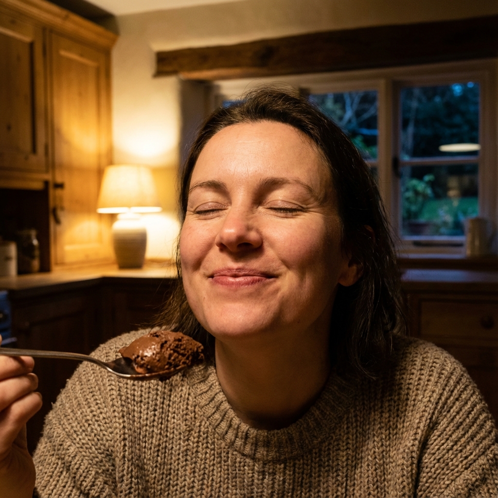 Mulher sentindo prazer ao comer doce fit